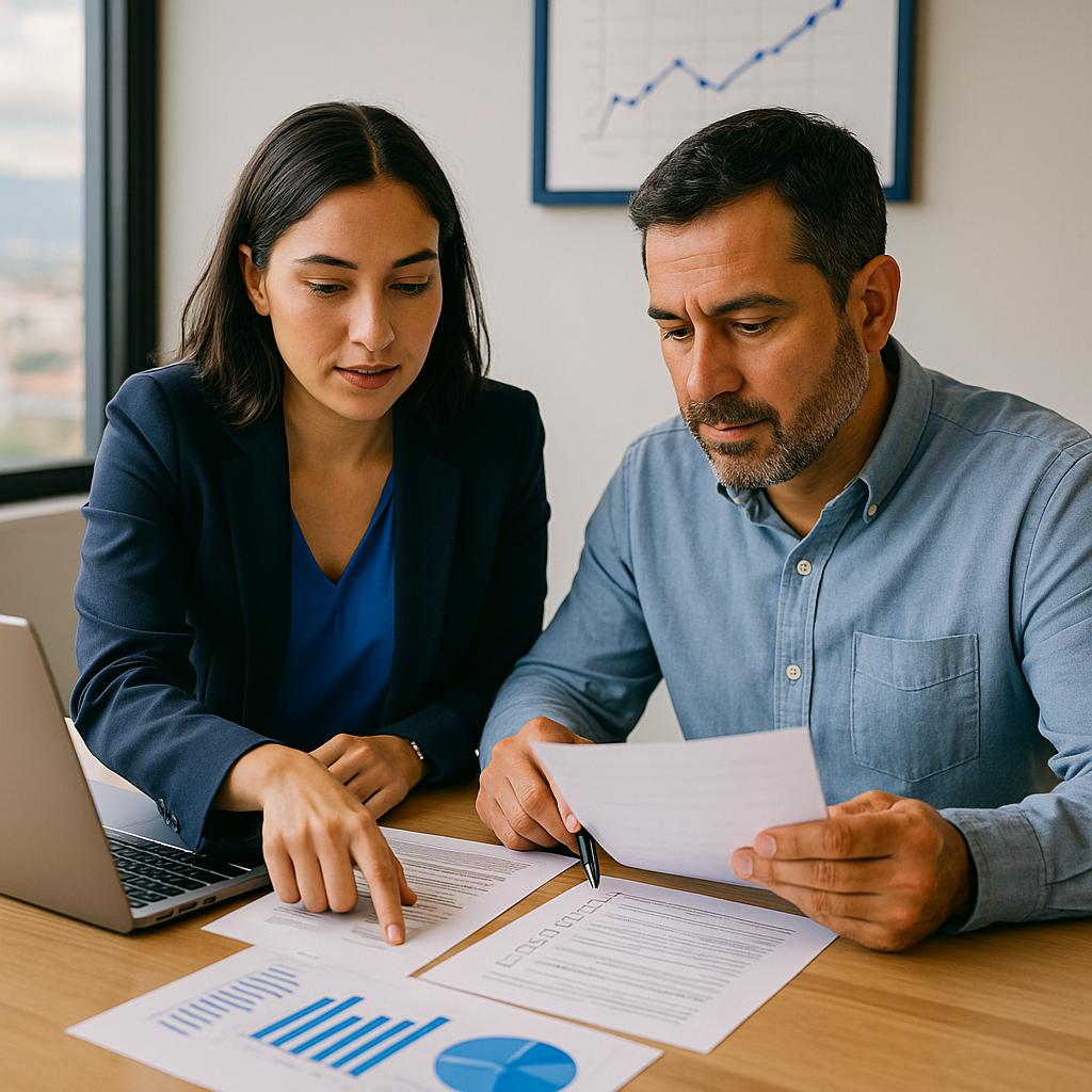 Professional reviewing financial charts on a laptop